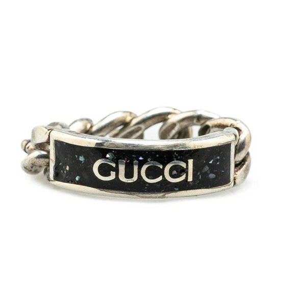 GUCCI Logo Black Plate Chain Ring size US10 Silver 925 Auth w/Box - Picture 1 of 7